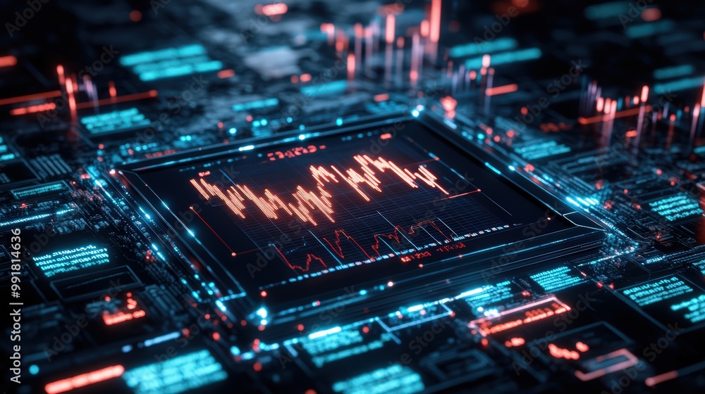 Poster a visually striking digital representation of financial trends featuring lightning effects. ideal fo