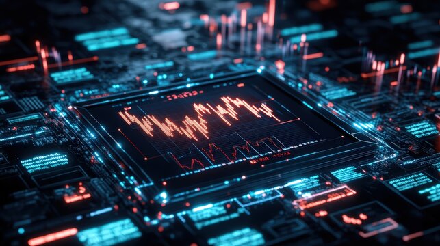 A visually striking digital representation of financial trends featuring lightning effects. Ideal for concepts related to finance, technology, and data analysis.
