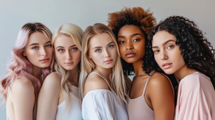 Obraz premium Five diverse models pose together in soft pastel attire against a neutral background during a fashion shoot