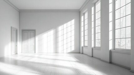 Fototapeta premium An empty room featuring three windows and a centrally positioned door, illuminated by incoming light from the windows