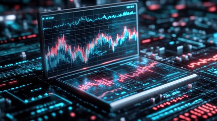 Fototapeta premium Explore the intricate interplay of data analytics in finance with this digital depiction featuring vibrant charts and market trends on a laptop screen.