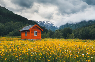 an orange house in the distance, surrounded by yellow flowers and mountains