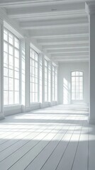 Fototapeta premium Empty room with large windows and wooden floor illuminated by sunlight filtering through the windows