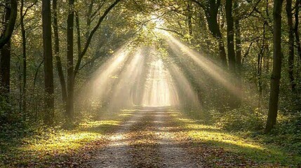Fototapeta premium Dirt path amidst forest with sunlight filtering through branches and fallen foliage below