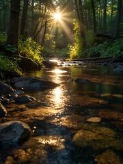 Sunlight illuminating a tranquil forest stream.