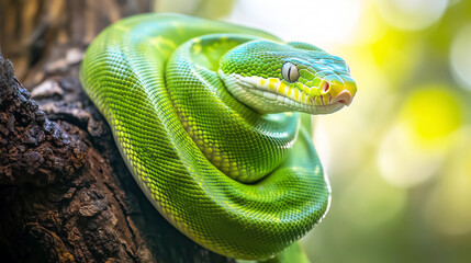 Fototapeta premium Green snake wriggles on a tree