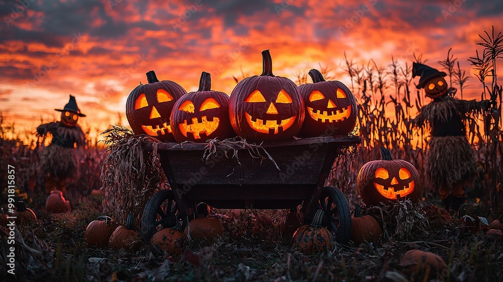 Wall mural   A wheelbarrow full of carved pumpkins surrounded by a field of whole pumpkins