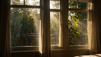 Sunlight streaming through bedroom windows.