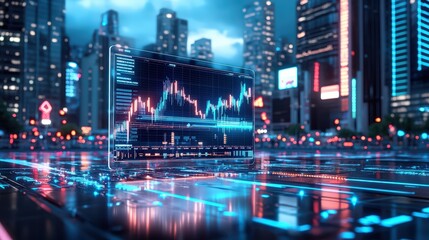 Obraz premium A stunning visualization of stock market data featuring a thunderstorm backdrop, merging technology with finance to symbolize potential market fluctuations.