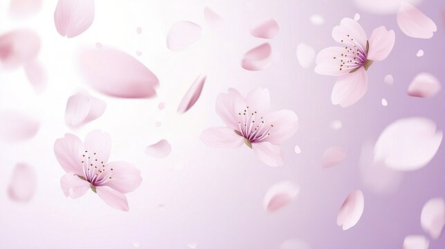   A bunch of pink flowers floating in a purple and white background with petals flying in the air