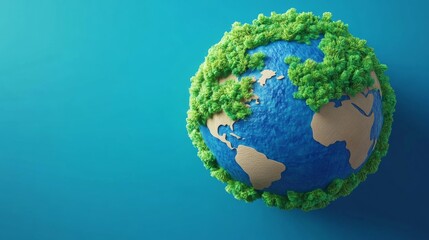 Fototapeta premium 3D Rendered Earth Globe with Lush Green Foliage, Blue Background, Earth Day, Environmental Protection, Sustainability. Earth Day, Sustainable Future, 3D Rendered