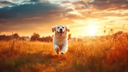 A delightful, plump white dog racing across a charming countryside field at sunset, with the