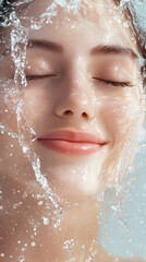 Young beautiful woman washing her face with clean water