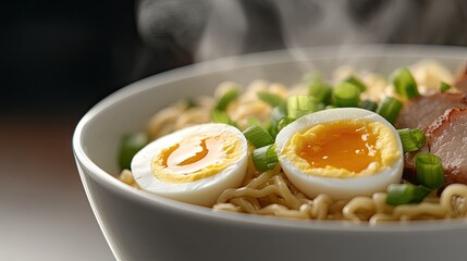 Delicious Ramen Bowl with Soft Boiled Eggs and Greens