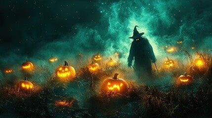   A wizard amidst a sea of pumpkins with radiant eyes and a top hat