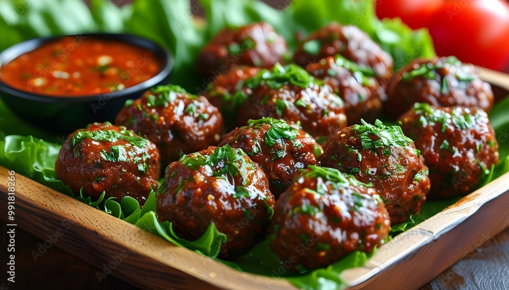 Wall mural tangy bbq meatballs with flavorful dipping sauce on an appetizing snack platter