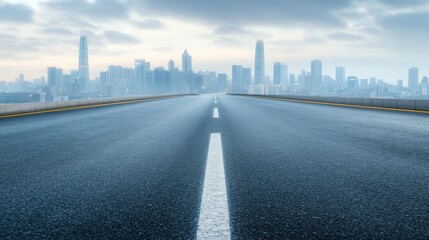 Fototapeta premium Asphalt Road Leading Towards Modern City Skyline, Cityscape, Urban, Architecture