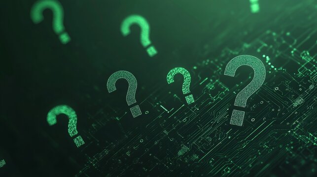 Curiosity in AI data symbolized by question marks on a dark green background