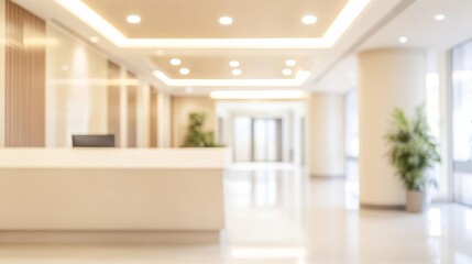 Obraz premium Blurred Perspective of a Modern Lobby with Recessed Lighting, White Walls, and Wooden Accents, office design, lobby, architecture