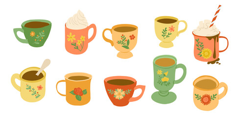 Flat hand drawn set of colorful cups with tea and coffee beverages and abstract flowers. Vector clipart for posters, cards, stickers. Hand drawn illustration isolated on white background