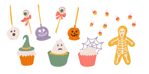 Halloween sweet flat set of hand drawn elements. Spooky design for Halloween food and candies isolated on white background. Vector clipart for decoration, stickers, logo