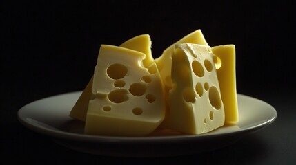   A black plate with white holes and slices of cheese on it sits atop a black tablecloth with holes