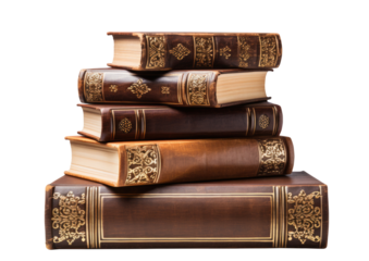 stack of ornate leather bound books with intricate gold patterns, cut out