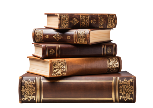 stack of ornate leather bound books with intricate gold patterns, cut out