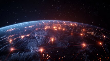 Obraz premium Global Network Connections Earth with Red Lines and Glowing Cities, 3D Render, Futuristic, Technology, Connection, Network, Earth