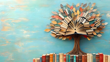A tree made of books, with colorful leaves and various sizes representing different techniques for teaching reading skills
