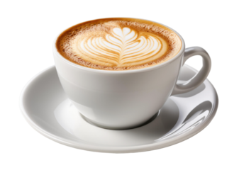 cup of cappuccino with beautiful latte art served in a white cup and saucer, cut out