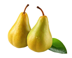 two ripe yellow pears with a green leaf, cut out