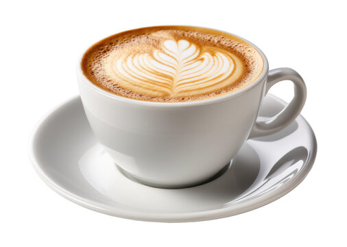 cup of cappuccino with beautiful latte art served in a white cup and saucer, cut out