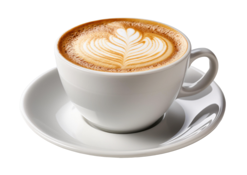 cup of cappuccino with beautiful latte art served in a white cup and saucer, cut out