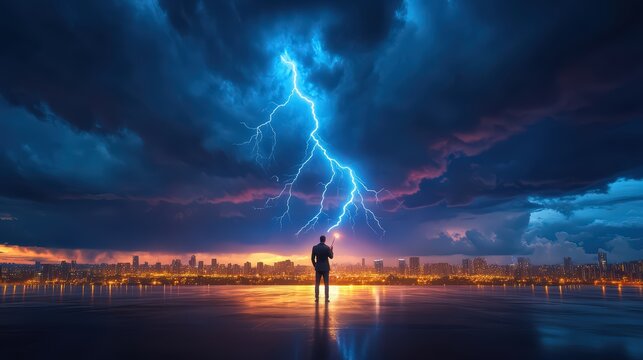 A businessman stands in the foreground, holding a lightning rod while dramatic storm clouds and bright lightning illuminate the urban skyline.