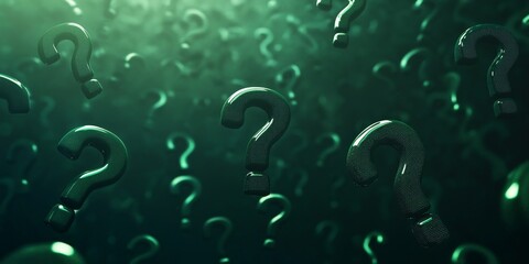 Floating question marks on a dark green background symbolize curiosity and open-mindedness