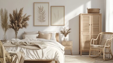 Obraz premium Minimalist Bedroom with Wicker Chair and Dried Flowers, Bedroom Design, Interior Design, Wicker Furniture