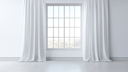 Minimalist White Room with Window and Curtains, 3D Rendering, Interior Design, White Room, Window Treatment, Minimalist Design