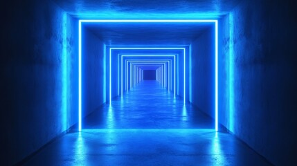 Obraz premium Neon Blue Glowing Corridor, 3D Render, Concrete, Abstract ,Neon, Glowing, Tunnel