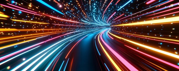 Obraz premium Neon Lights Tunnel - Abstract Digital Art, 3D Render, Speed, Light Effects, Futuristic, neon, abstract