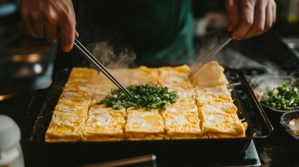 Cooking Tamagoyaki, also known as Tamago traditional Japanese Rolled Omelette, involves a man handling a skillet filled with cooked scrambled eggs and rolling them into a rectangle omelet.