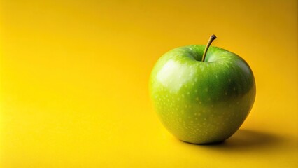 Fresh green apple on an isolated yellow background, asymmetrical, juicy, food, delicious, vibrant, diet, colorful, yellow background, organic, natural, green,fruit, nutrition, healthy, snack