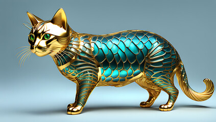 a metallic-colored cat with a visible fishbone structure inside its body