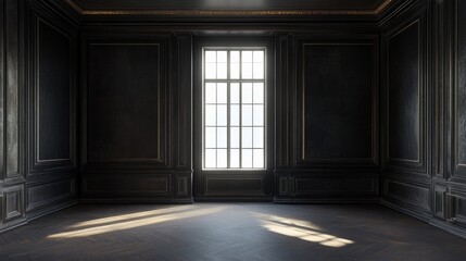 Fototapeta premium Sunlit Black and Gold Room, Interior Design, Classic Architecture, Luxury, Room Design, Interior Decor, Elegant Room