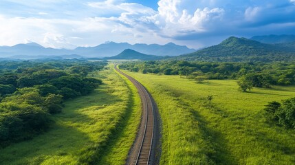 Fototapeta premium Lush Landscape with Serpentine Train Tracks and Mountains