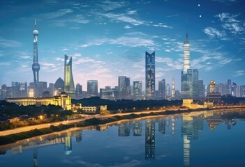 Stunning Night Skyline of Modern City with Reflections in Water