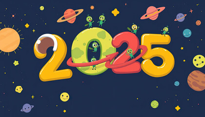 Fototapeta premium Large number 2025 on blue background with planets and stars