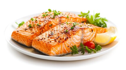Two grilled salmon fillets served on a white plate with lemon wedges, cherry tomatoes, and parsley.