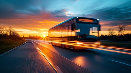 a bus driving down a highway at sunset