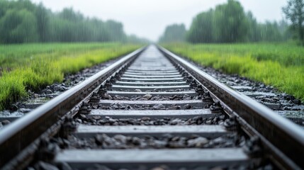Fototapeta premium Rainy Day on Tranquil Train Tracks in Nature